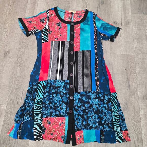 La Cera Dresses & Skirts - LA CERA Patchwork Button Dress XL Boho Artsy Short Sleeve Lagenlook Bohemian